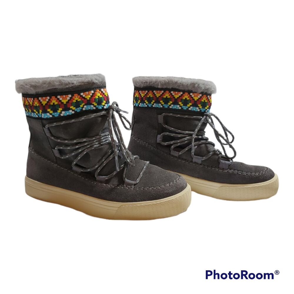 TOMS | Alpine Gray Suede Lace Up Faux Fur Ankle Sneaker Boots | Size 6 - Picture 1 of 6